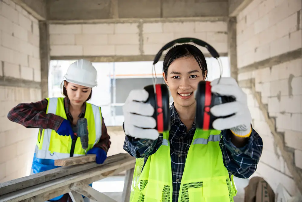 female construction worker holding ear protection